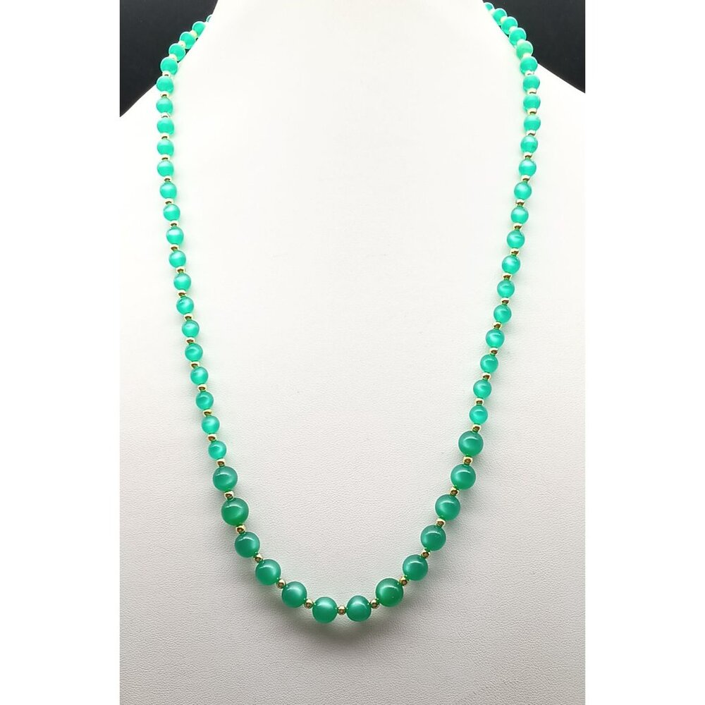 Vintage Green Moonglow Lucite Beaded Necklace with Gold Accents